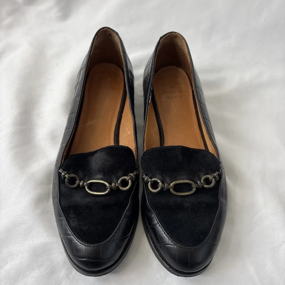 Souliers Sezane Marius Women 6/36 Black Loafers Croc Leather Chain Embellishment - Picture 3 of 12